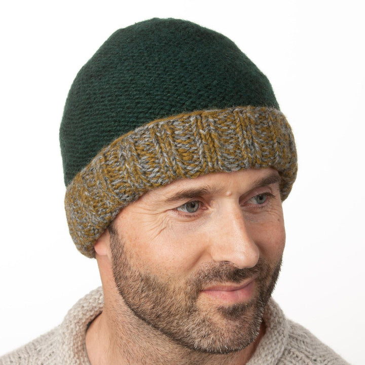 Hand Knit Pure Wool Turn Up Beanie - Pine Green