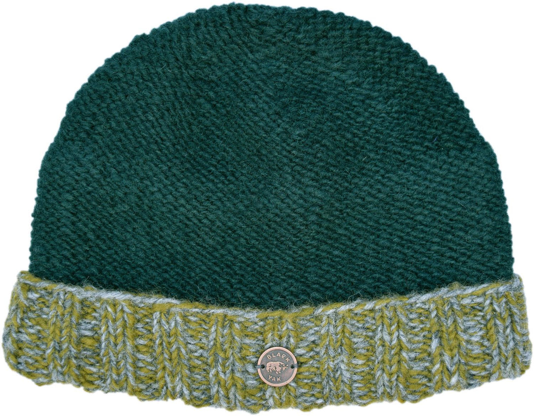 Hand Knit Pure Wool Turn Up Beanie - Pine Green