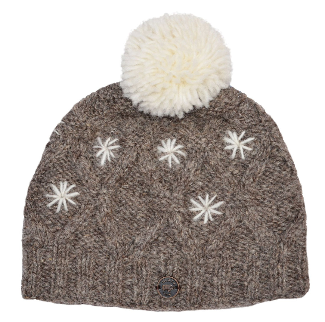 Wool Diamond Cable Bobble Hat - Marl Brown/White