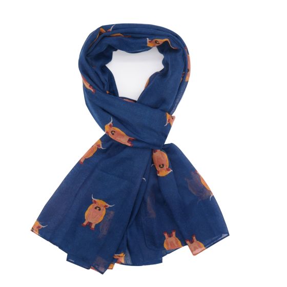 Navy Scarf With Highland Cow Pattern