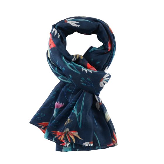 Light Weight Scarf With Meadow Flowers Design -Navy