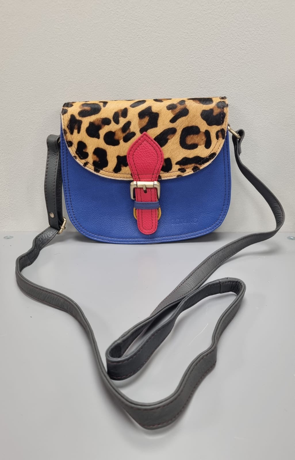 Ally Leather Cross Body Bag - Blue Leather & Animal Print