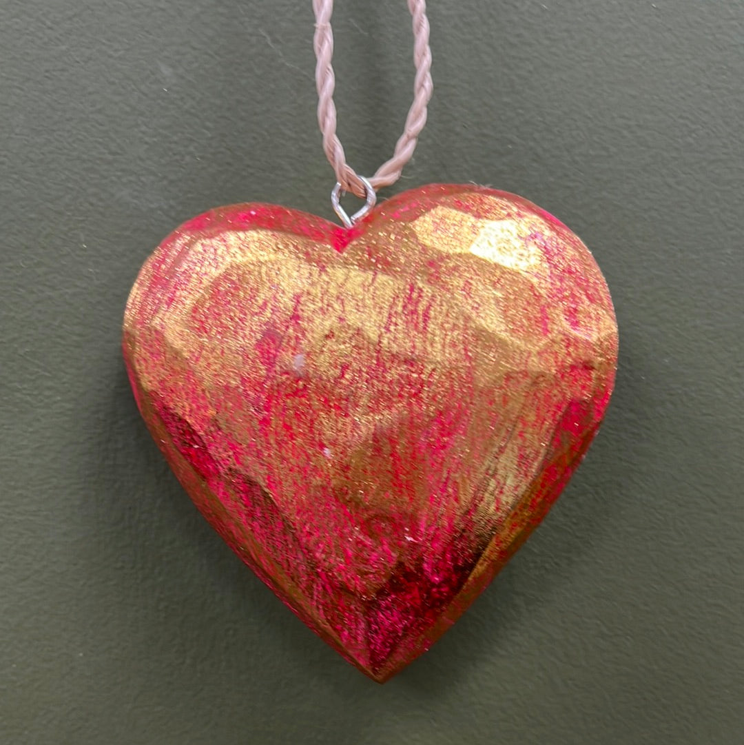 Medium Solid Wooden Hanging Heart - Red/Gold
