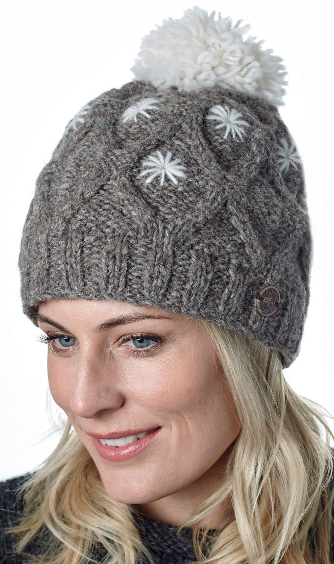 Wool Diamond Cable Bobble Hat - Marl Brown/White