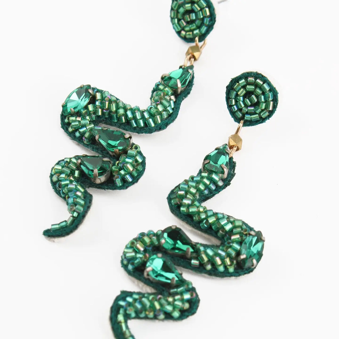 Green Beaded Snake Drop Earrings