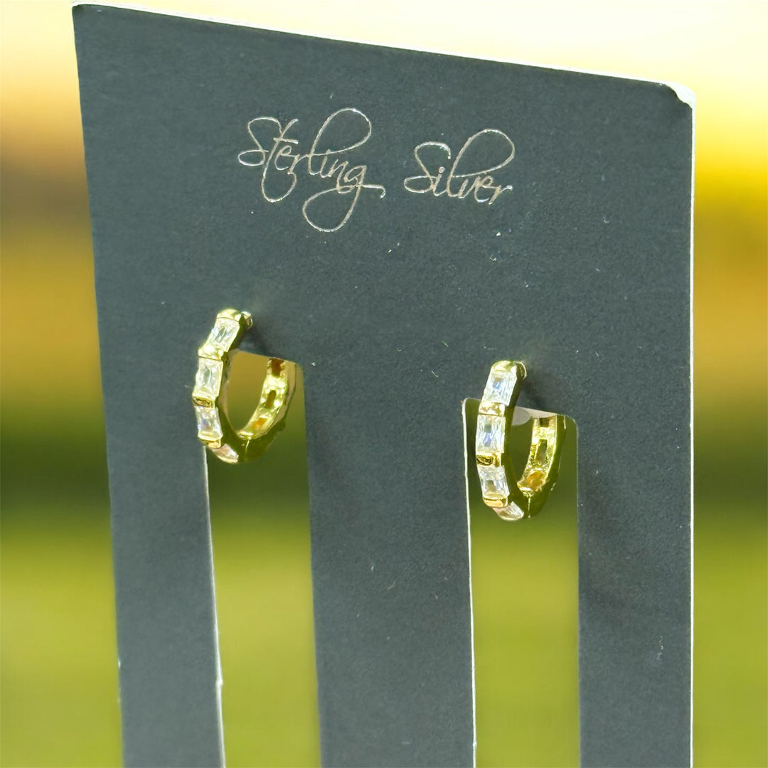 Sparkling Baguette Gold Plated Sterling Silver Hoop Earrings