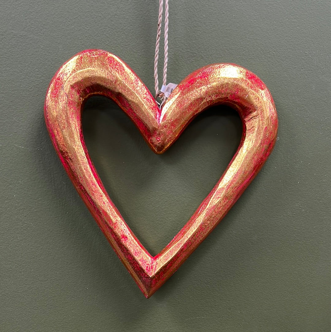 Small Wooden Hanging Heart - Red/Gold