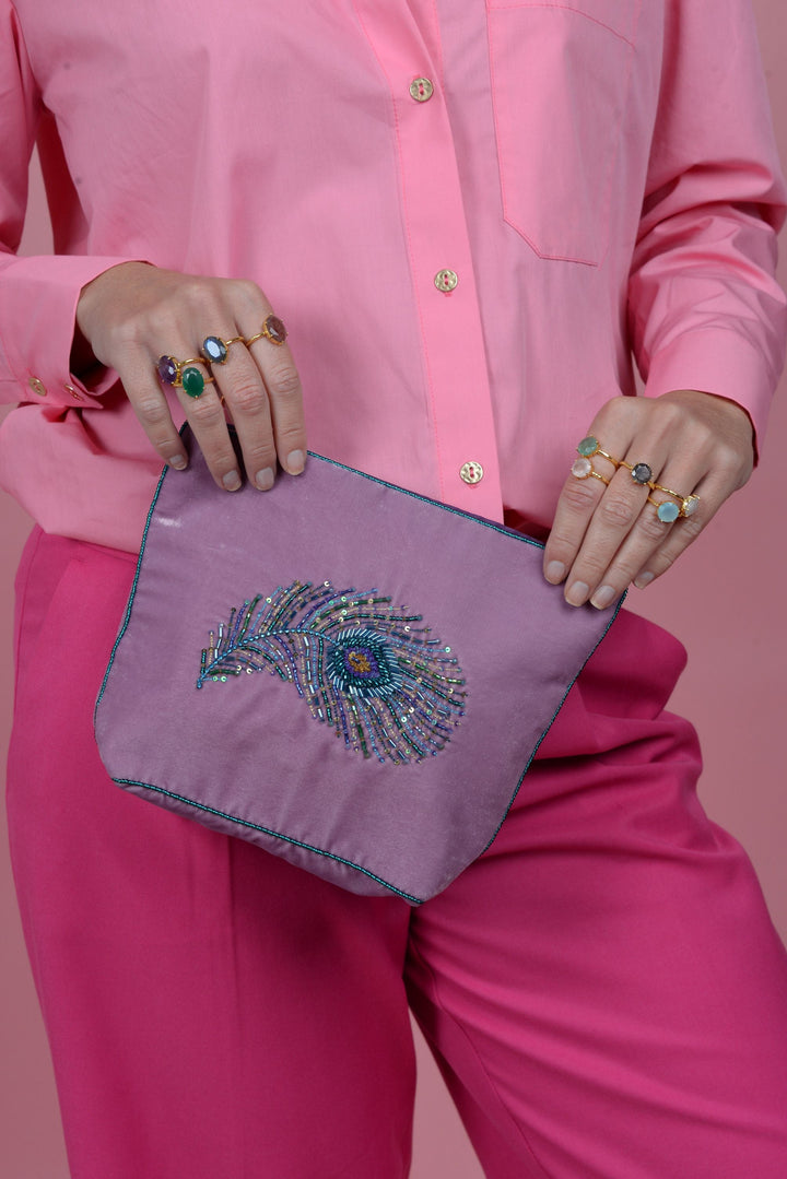 Peacock Feather Beaded Make Up Bag