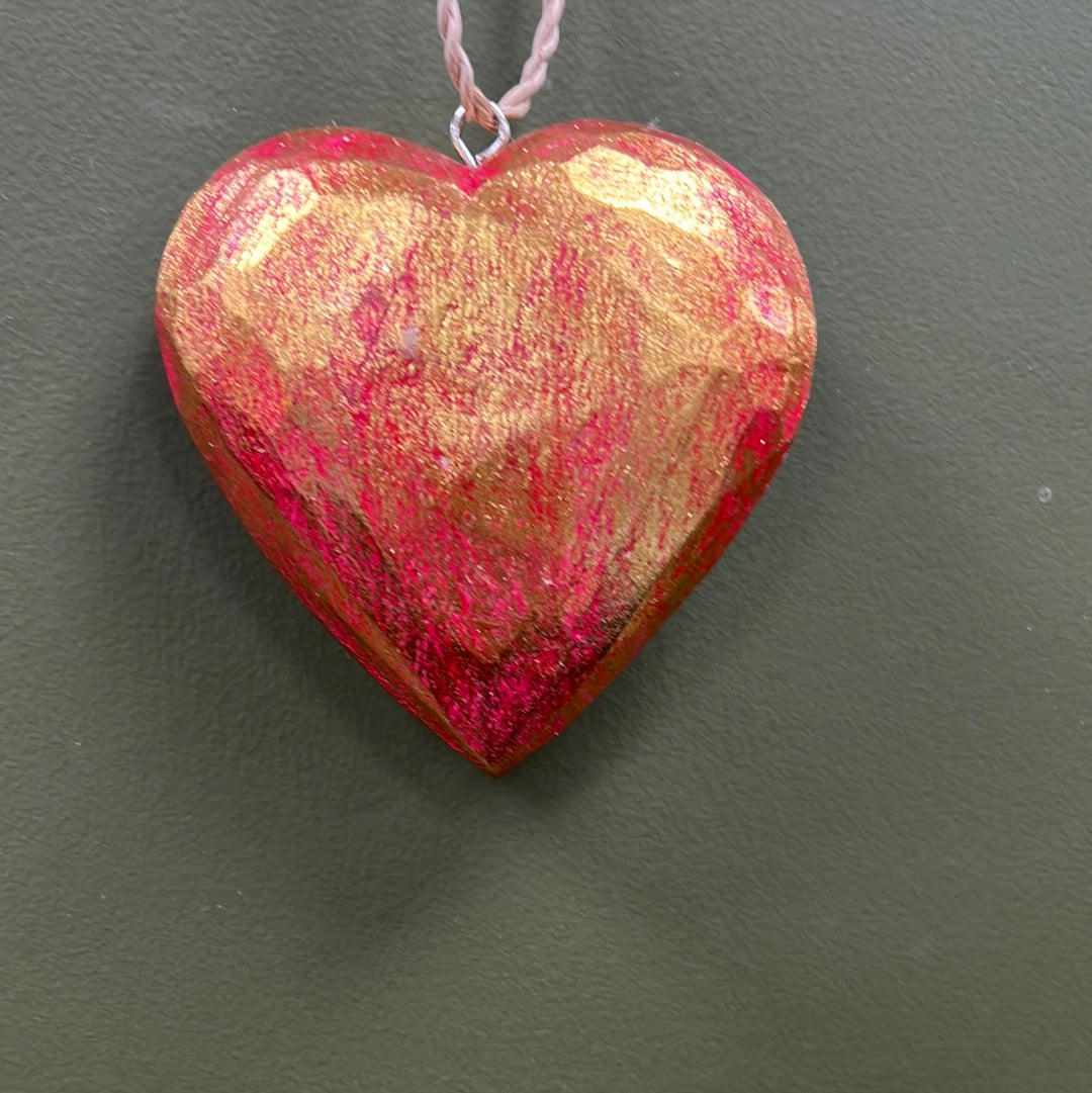 Large Solid Wooden Hanging Heart - Red/Gold