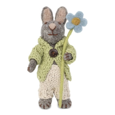 Bunny in Green Jacket Holding A Flower