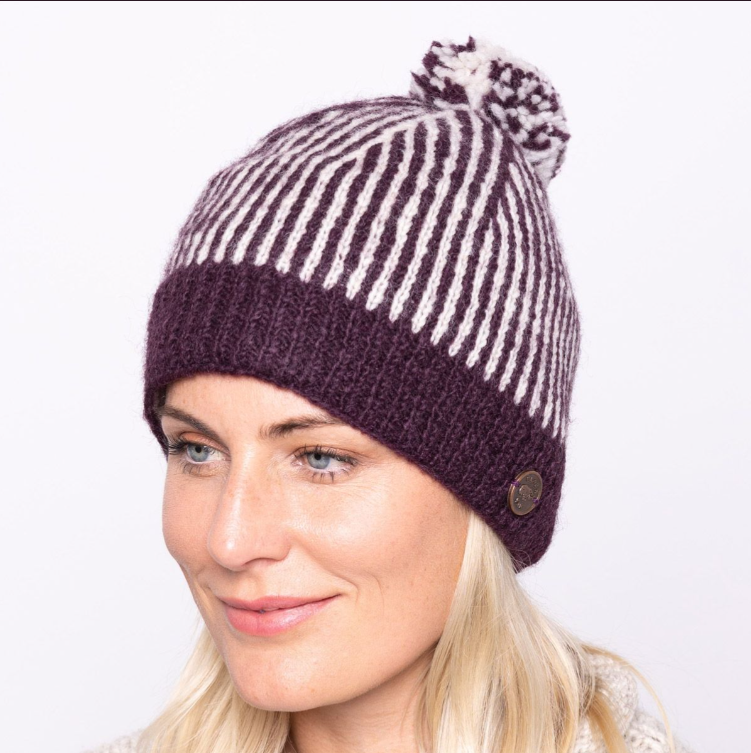Pure Wool Hand Knit  NAYA Pin Stripe Bobble Hat - Aubergine