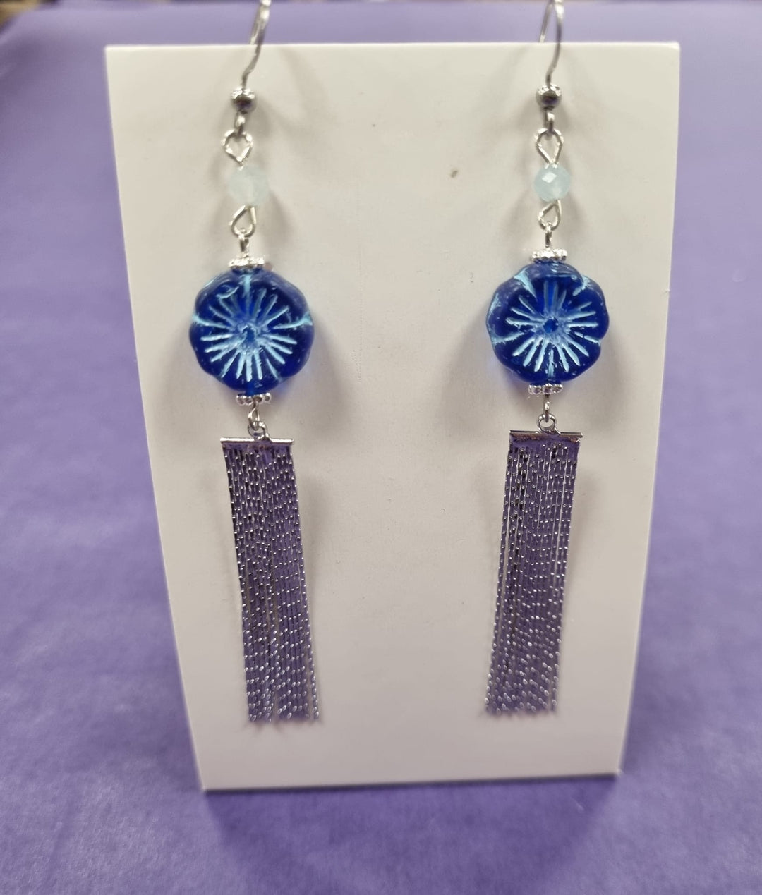 Aquamarine Gemstone, Blue Pansy Tassel Earrings