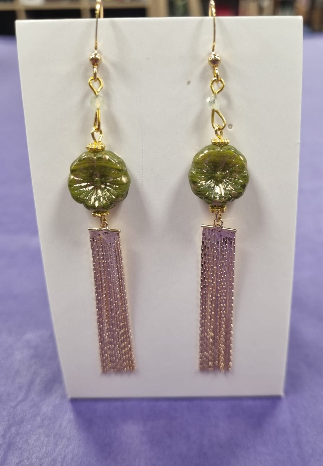 Prehnite Gemstone, Green Pansy Tassel Earrings