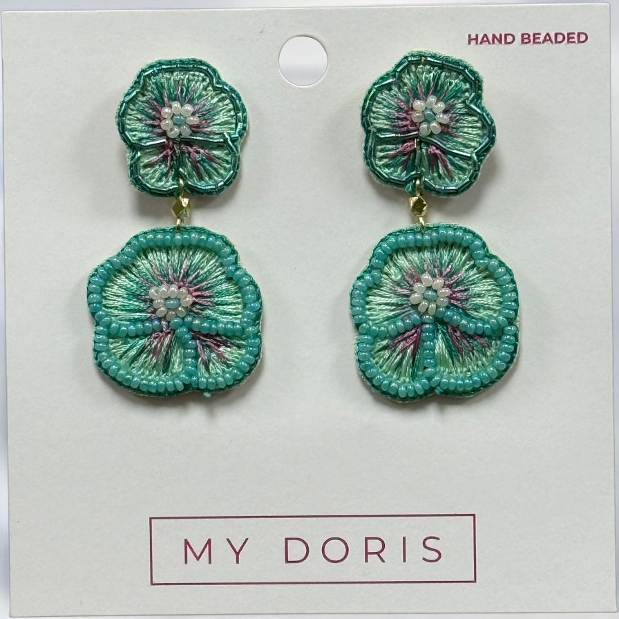 Mint Green Pansy Double Drop Earrings