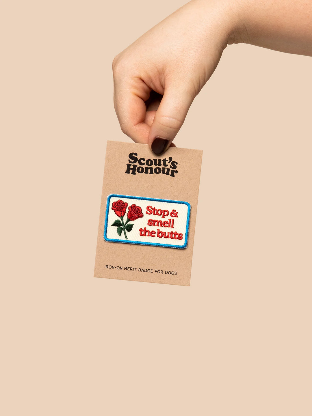 Stop And Smell the Butts - iron on Dog Merit Badge