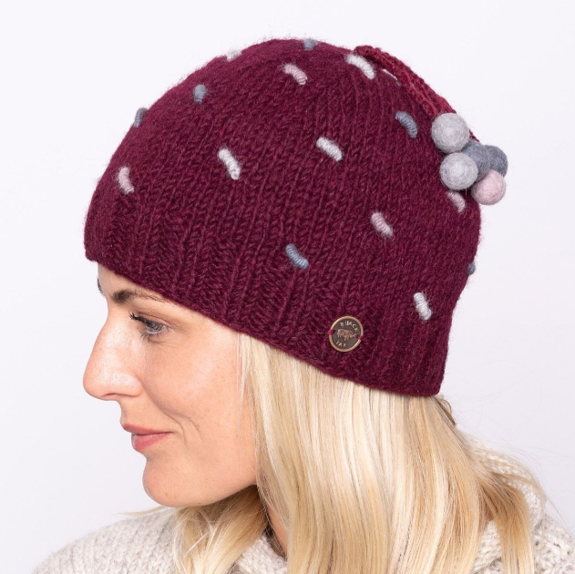 Pure Wool French Knot Beanie - Wine