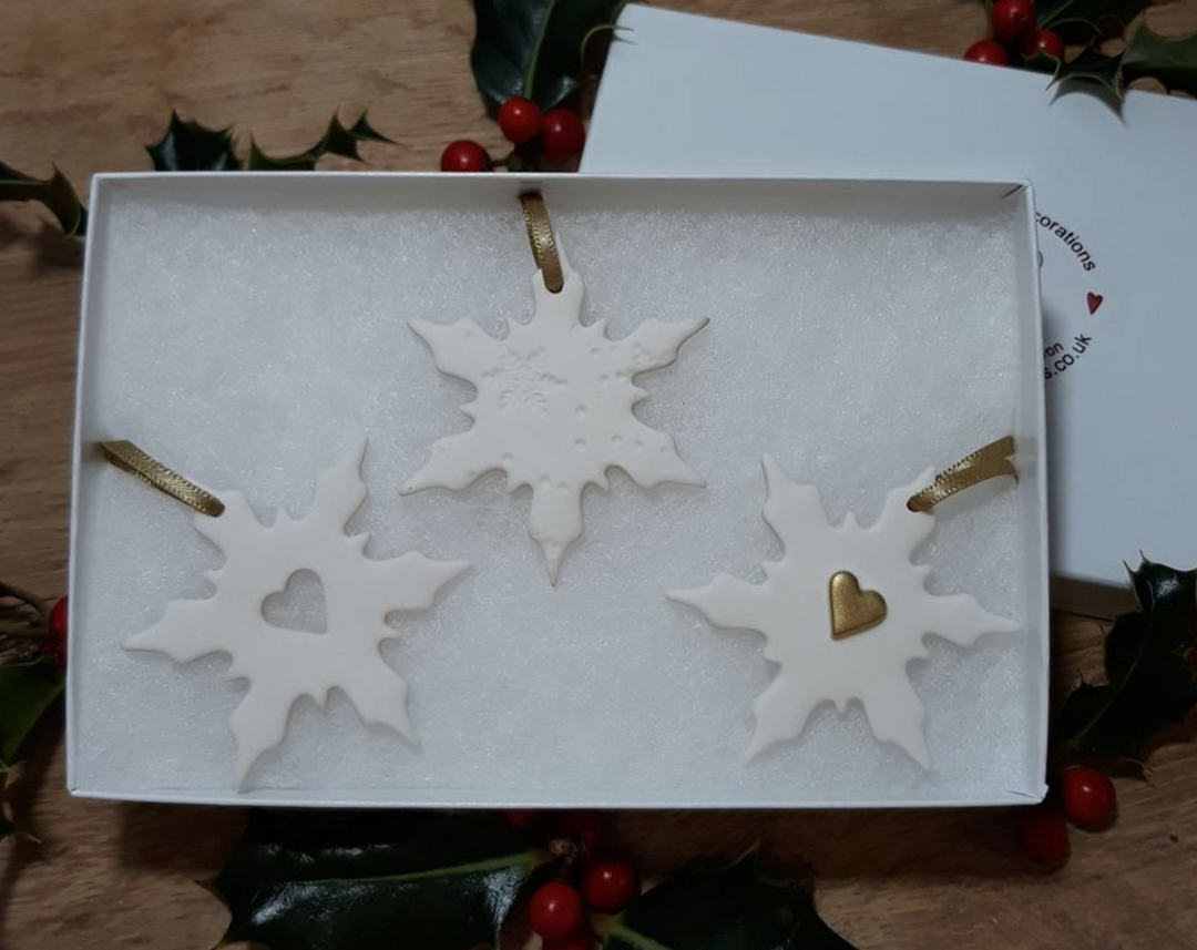 Trio Of Assorted Ceramic Snowflake Decorations -Gold