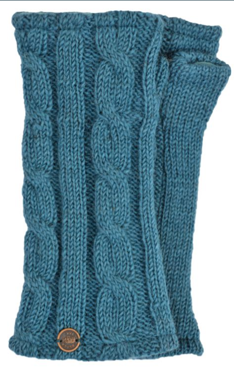 Cable Knit Wool Wrist Warmers - Aqua
