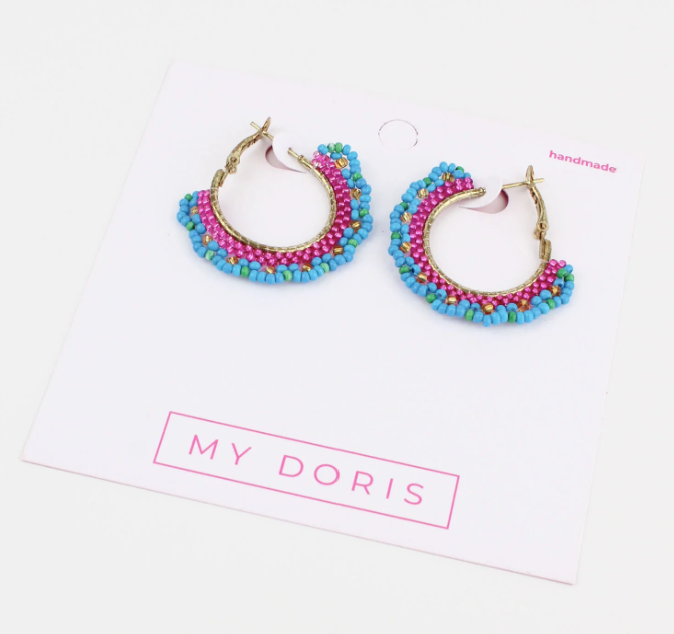 Pink And Blue Beaded Hoop Earrings