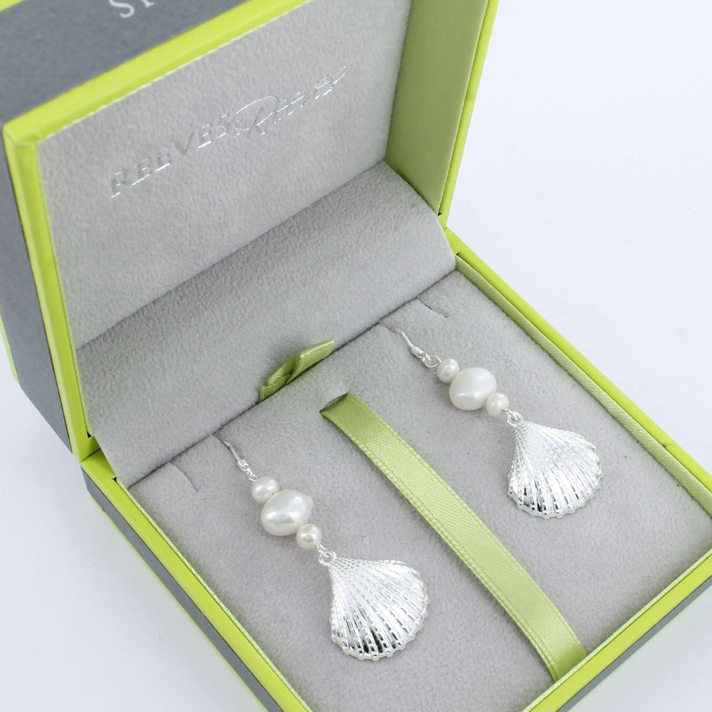 Scallop and Pearl Drop Sterling Silver Earrings