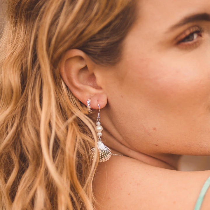 Scallop and Pearl Drop Sterling Silver Earrings