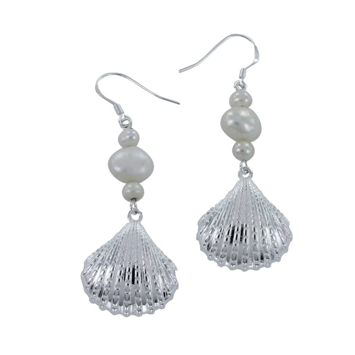 Scallop and Pearl Drop Sterling Silver Earrings