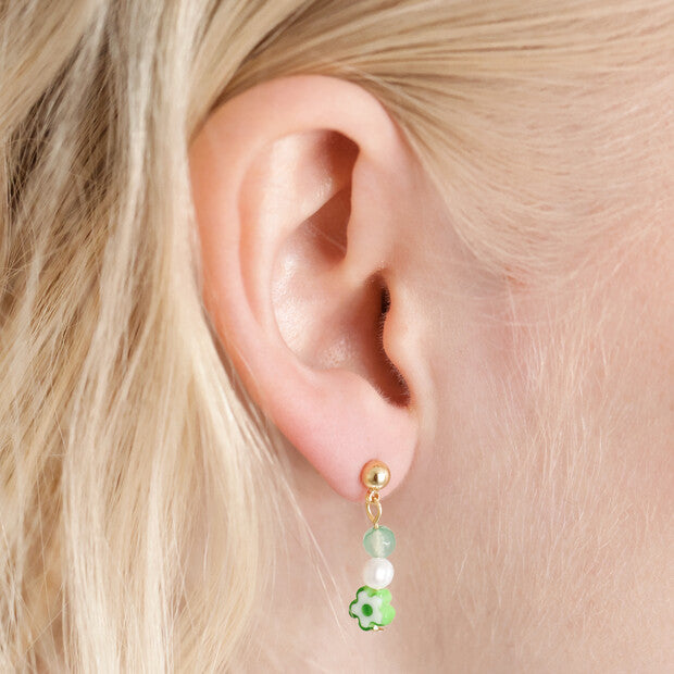 Green Millefiori Flower Bead Drop Earrings