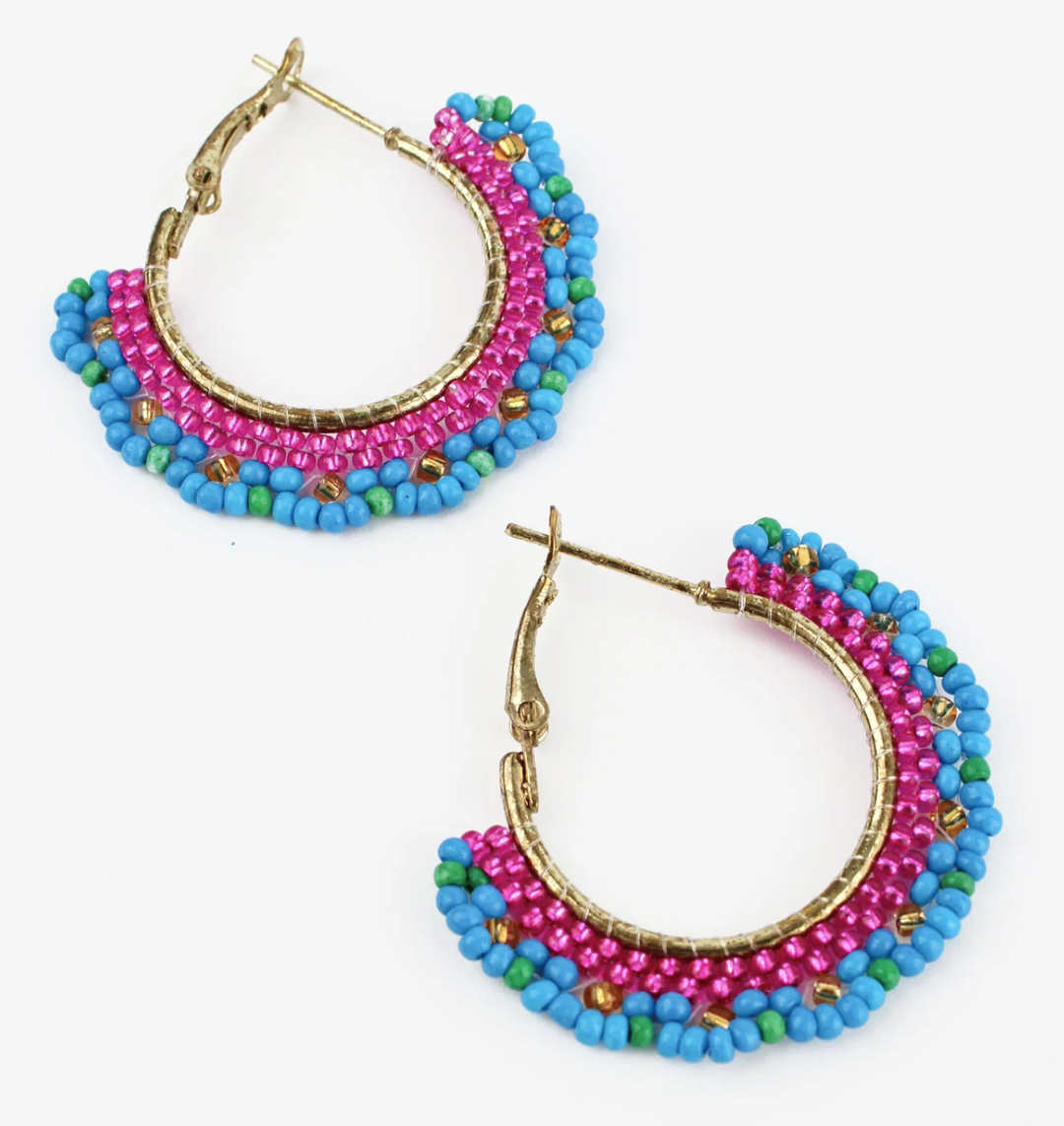 Pink And Blue Beaded Hoop Earrings