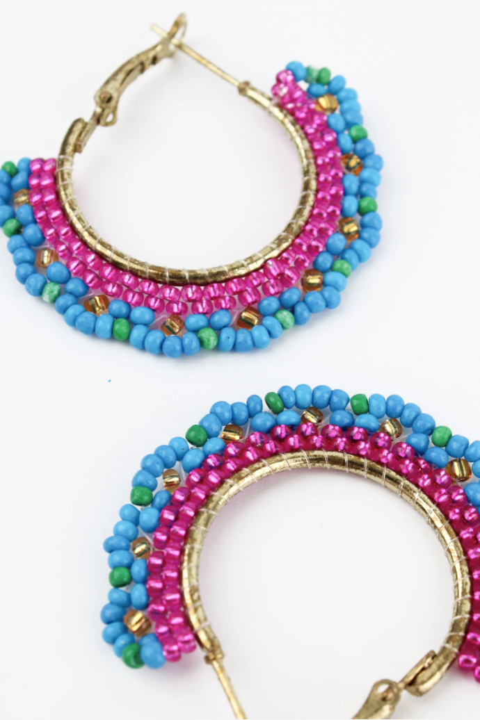 Pink And Blue Beaded Hoop Earrings