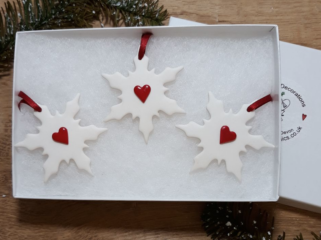 Trio Of Ceramic Snowflake Decorations -Red Heart