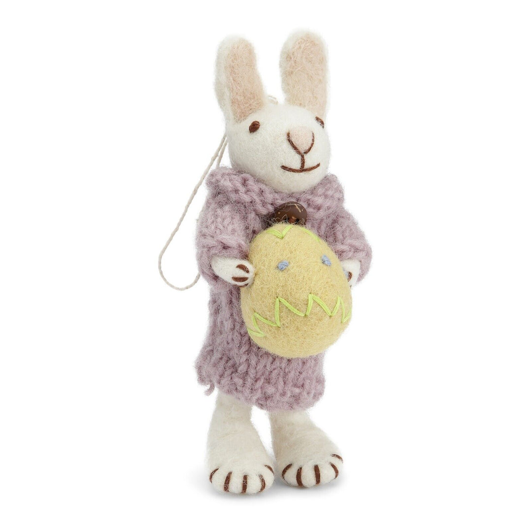 Bunny in Lilac Dress Holding An Easter Egg