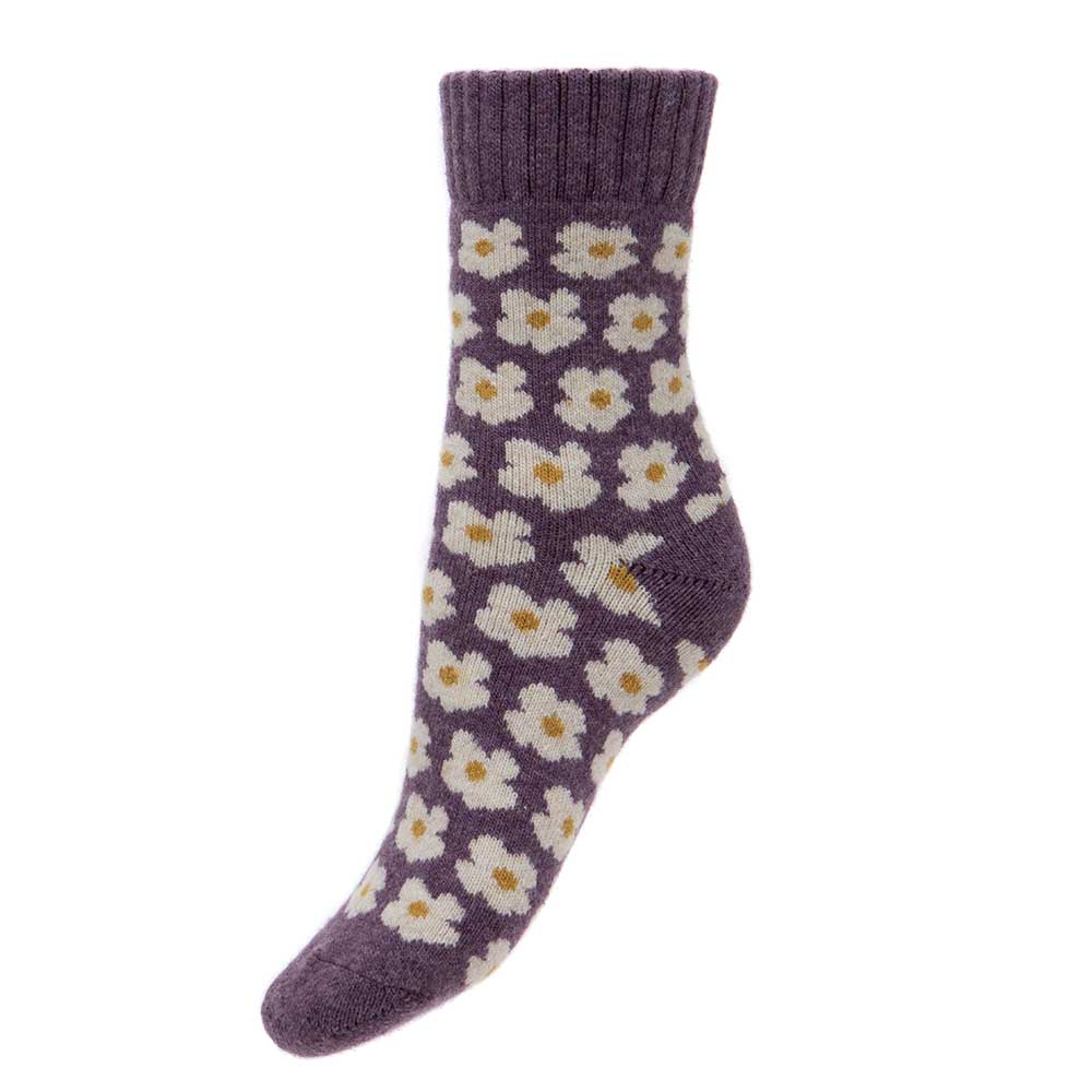 Ladies wool blend Daisy ribbed cuff Socks - Purple