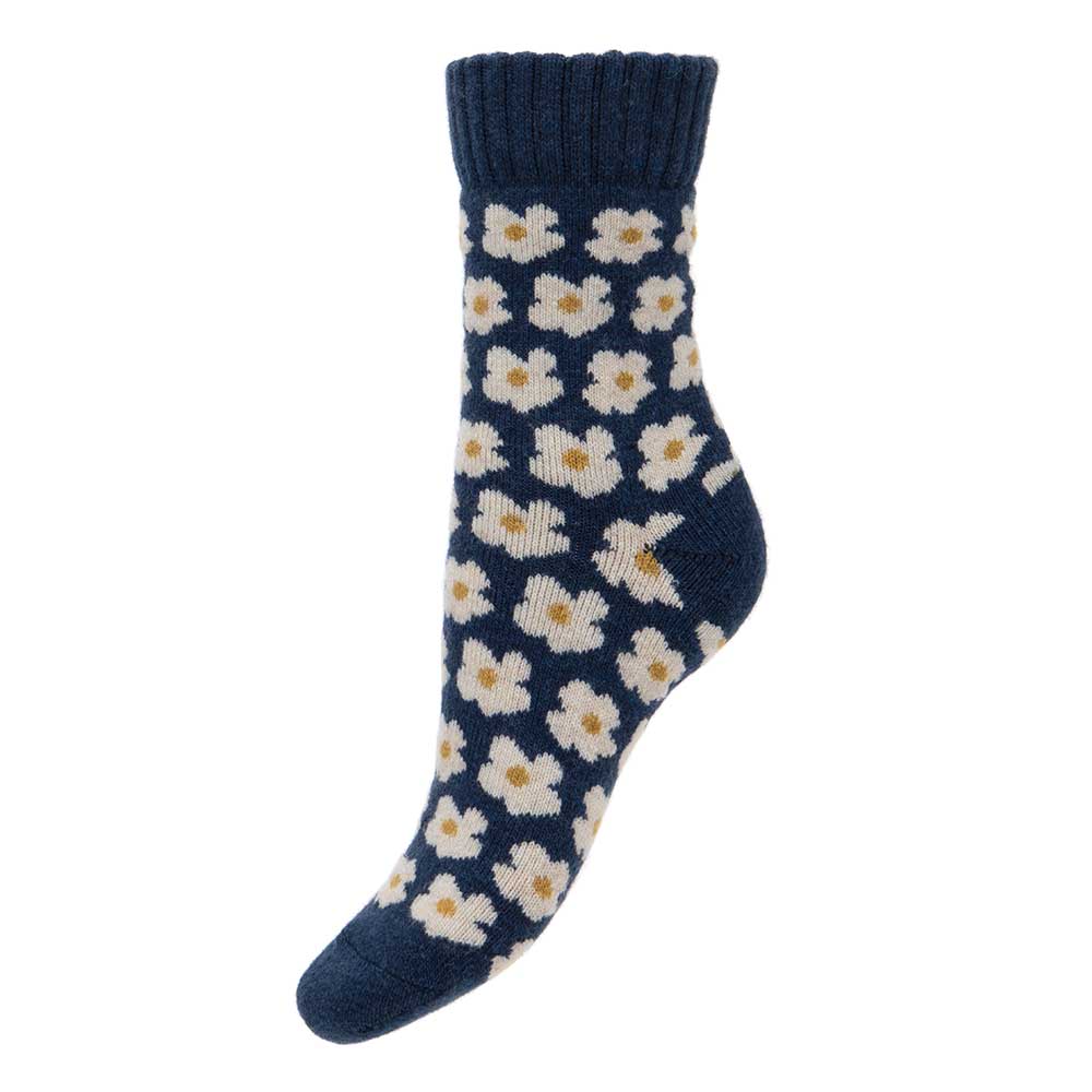 Ladies wool blend Daisy ribbed cuff Socks - Blue