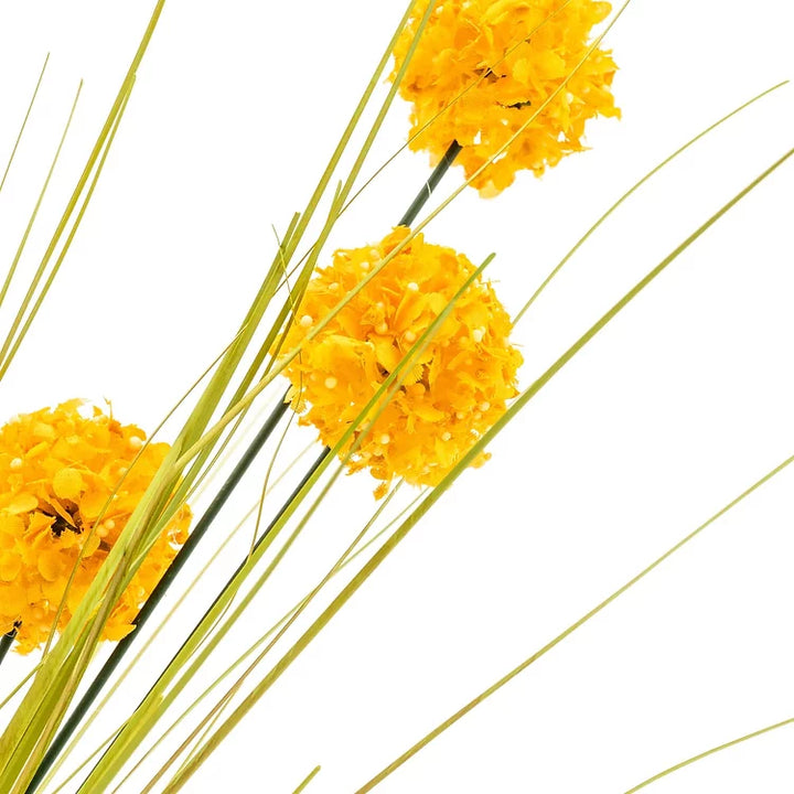 Single Stem Faux Grass with 3 Billy Button Heads - Yellow