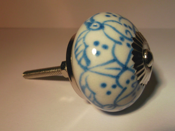 White with Light Blue Flower Knob