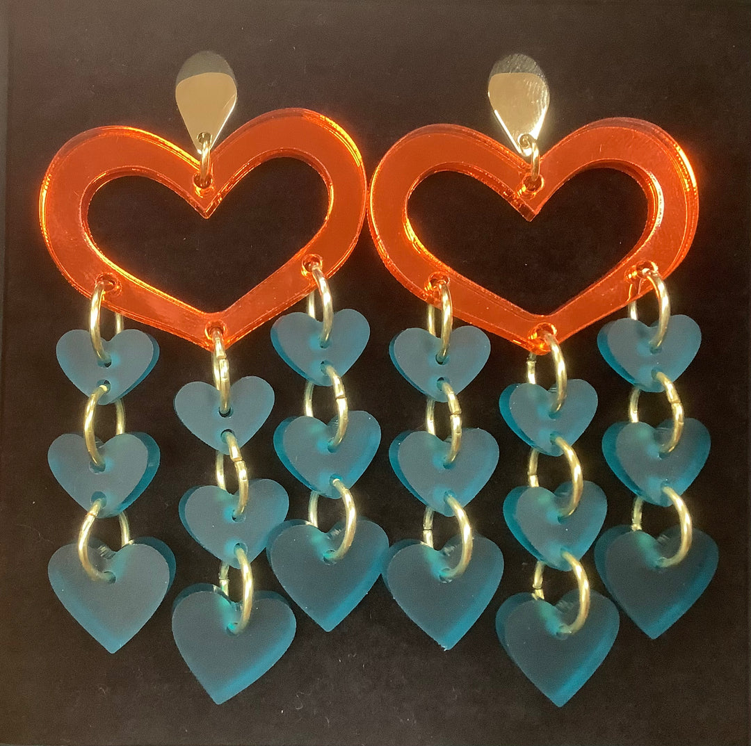 Heart Chandelier Earring - Orange & Azure