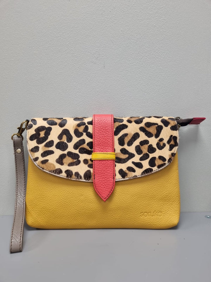 Saddle Leather Cross Body Bag -Mustard & Animal Print