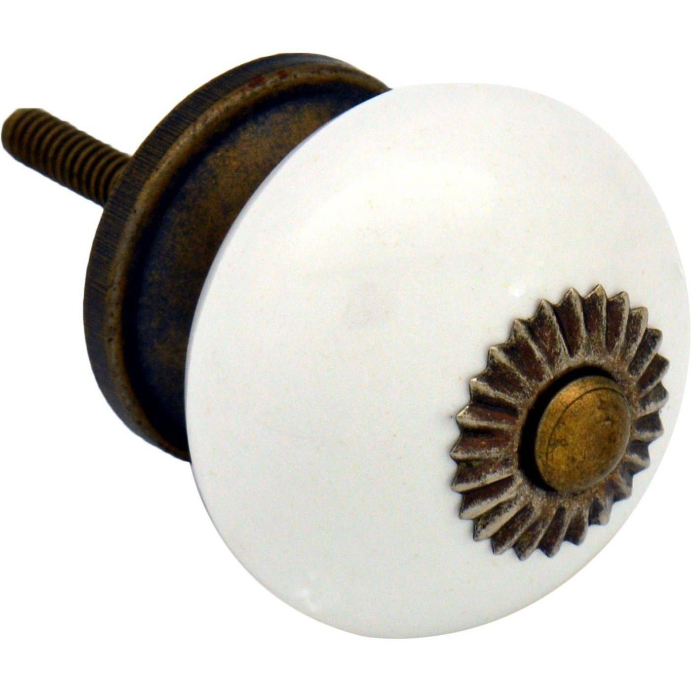 White Ceramic Drawer Pull With Antique Brass Fittings