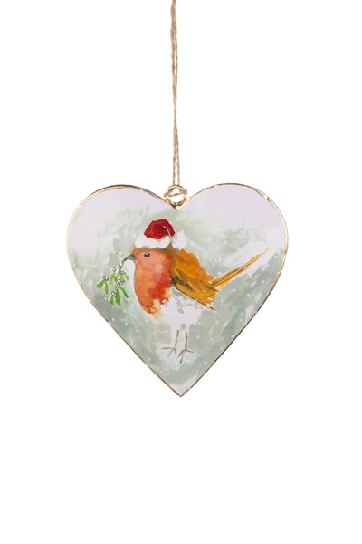 Robin Wearing Santa Hat Heart Decoration