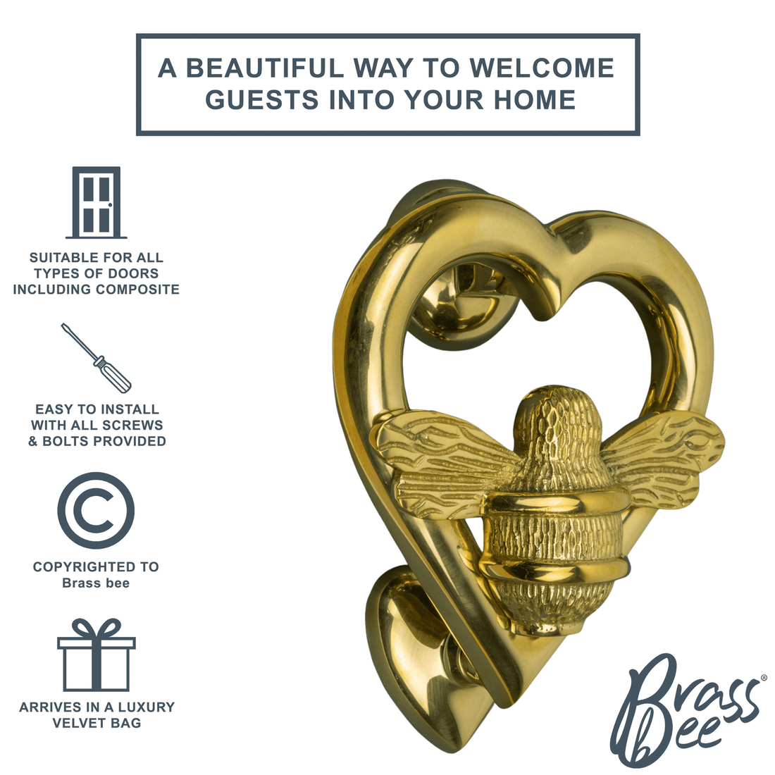 Bumble Bee Heart Door Knocker - Brass Finish