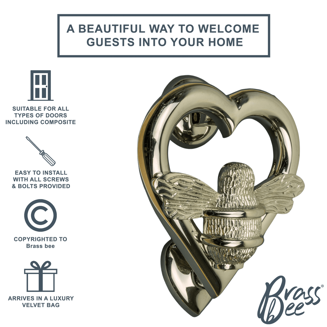 Bumble Bee Heart Door Knocker - Nickel Finish
