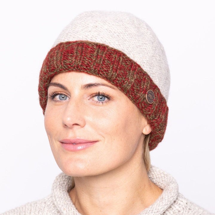 Cream Beanie With Contrast Turn Up