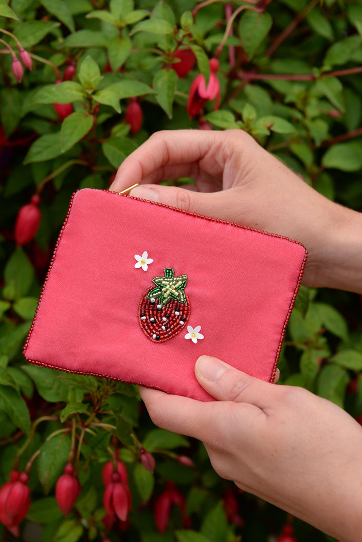 Pink Strawberry Beaded Coin Purse