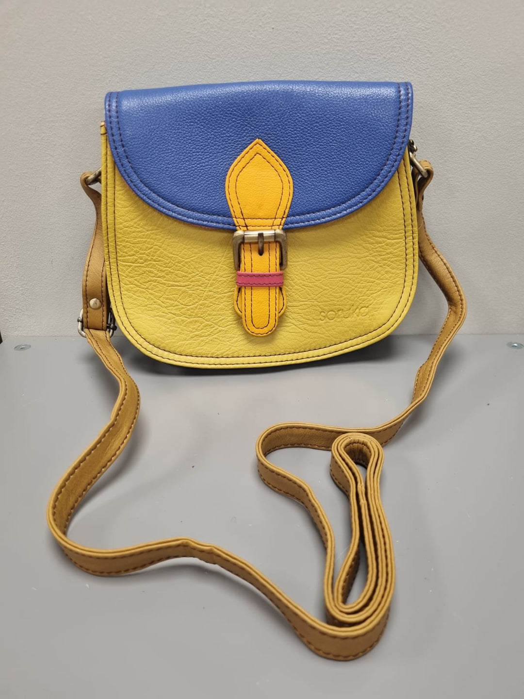 Ally Leather Cross Body Bag - Mustard Yellow & Blue