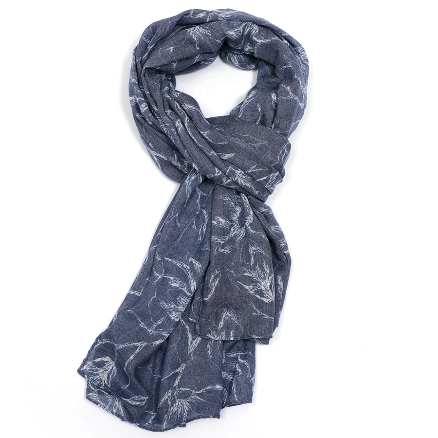 Light weight Scarf With A Fern Design - Navy