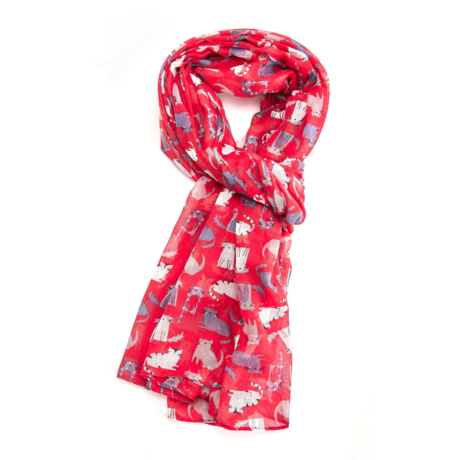 Light weight Scarf With A Cats Design - Red