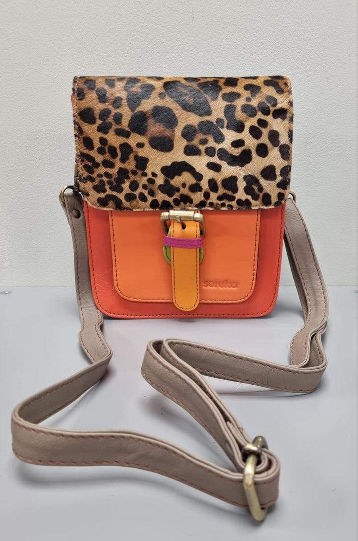 Hanna Leather Cross Body Bag - Orange Leather And Animal Print