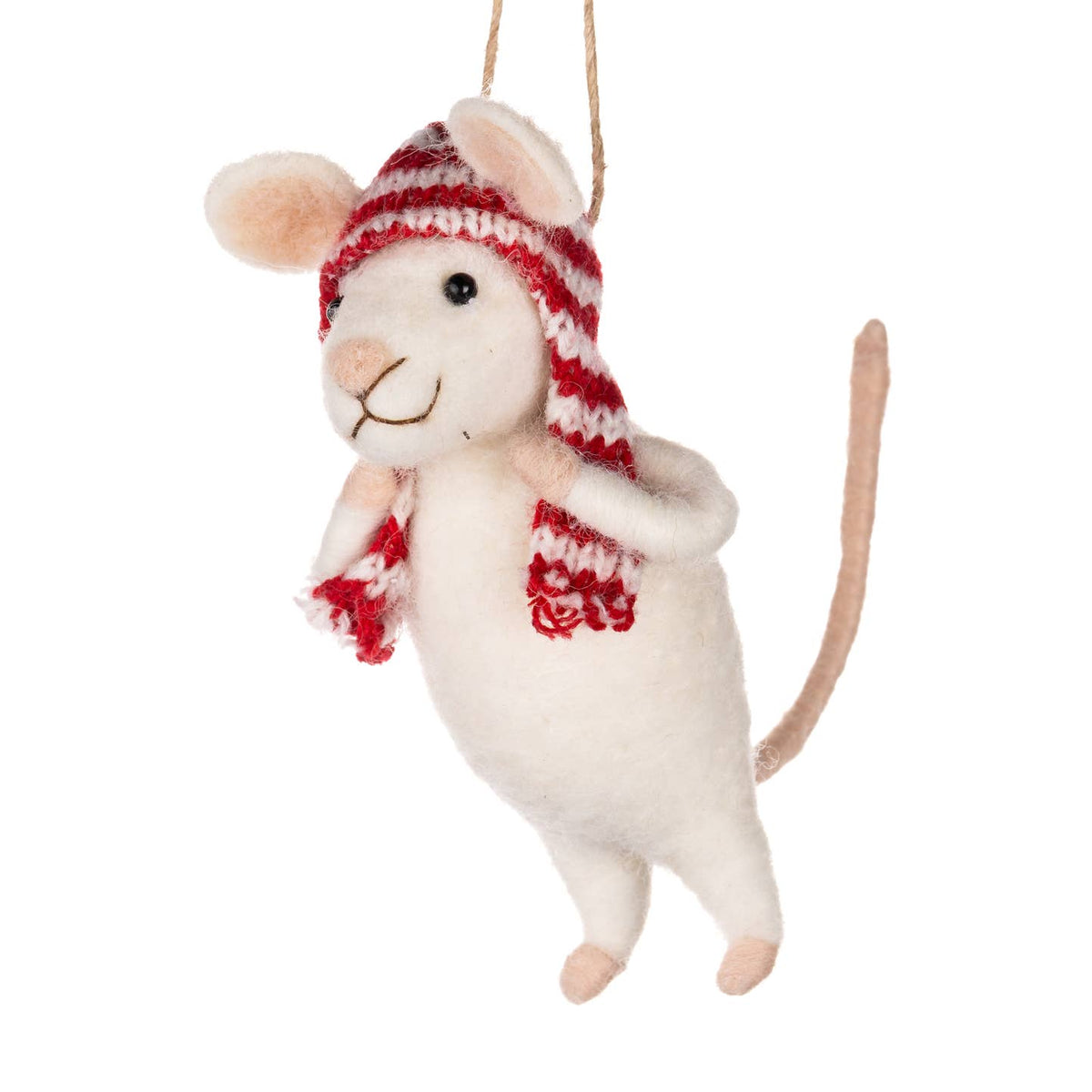 White Felt Mouse in Stripey Hat