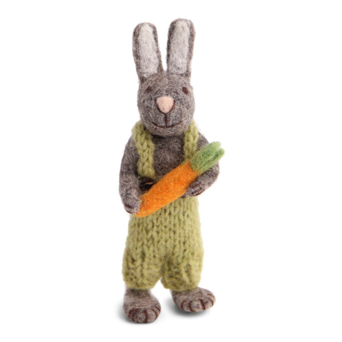 Grey Easter Bunny in Dungarees Holding A Large Carrot
