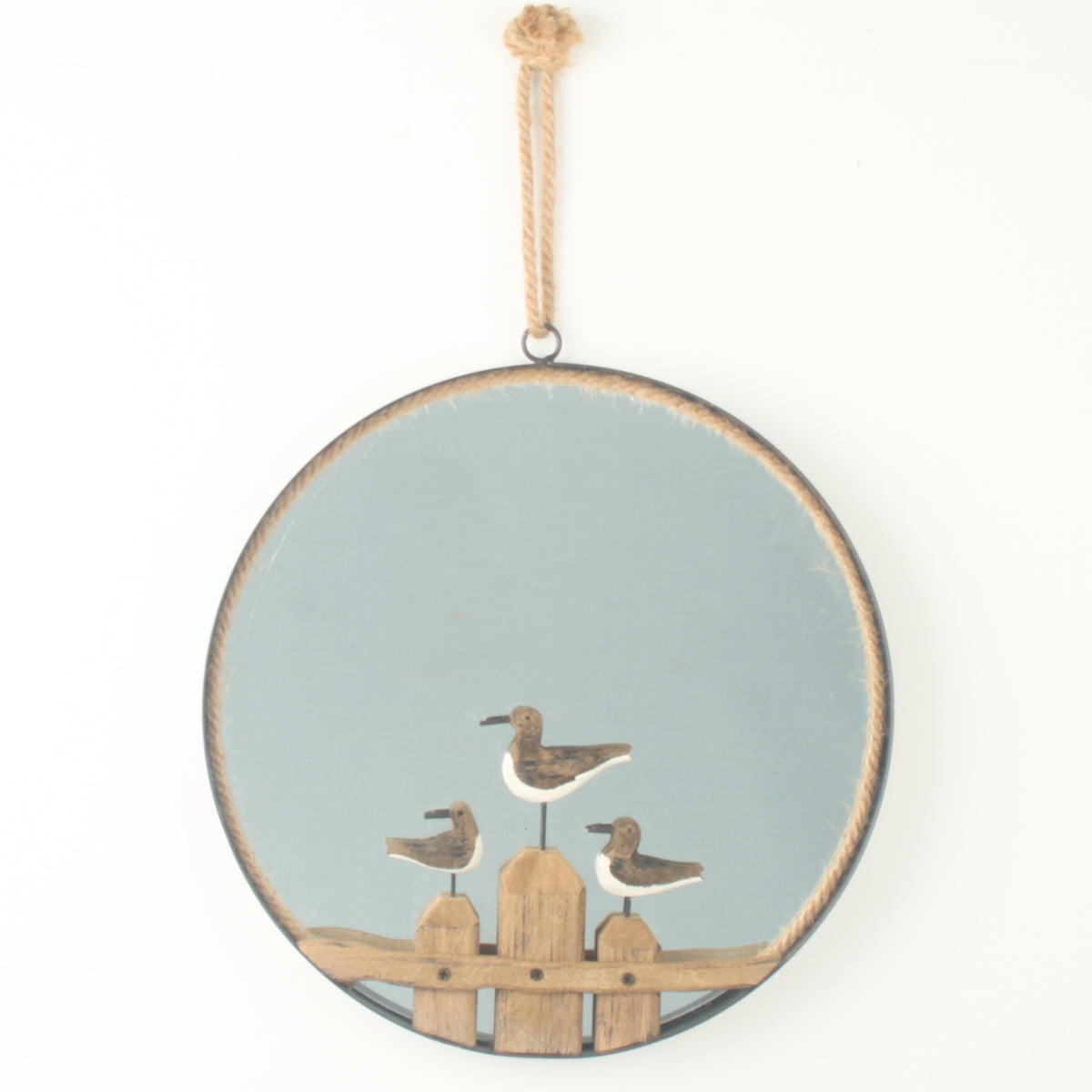 Round Coastal Mirror with Wooden Birds - Nautical Wall Decor